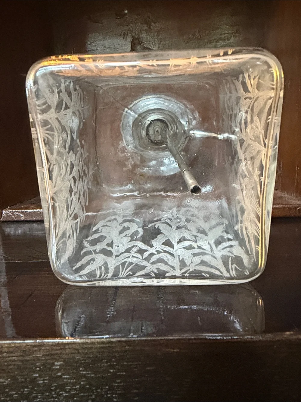 Continental Etched Glass Bourbon Dispenser with Chrome Pump Mid century modern